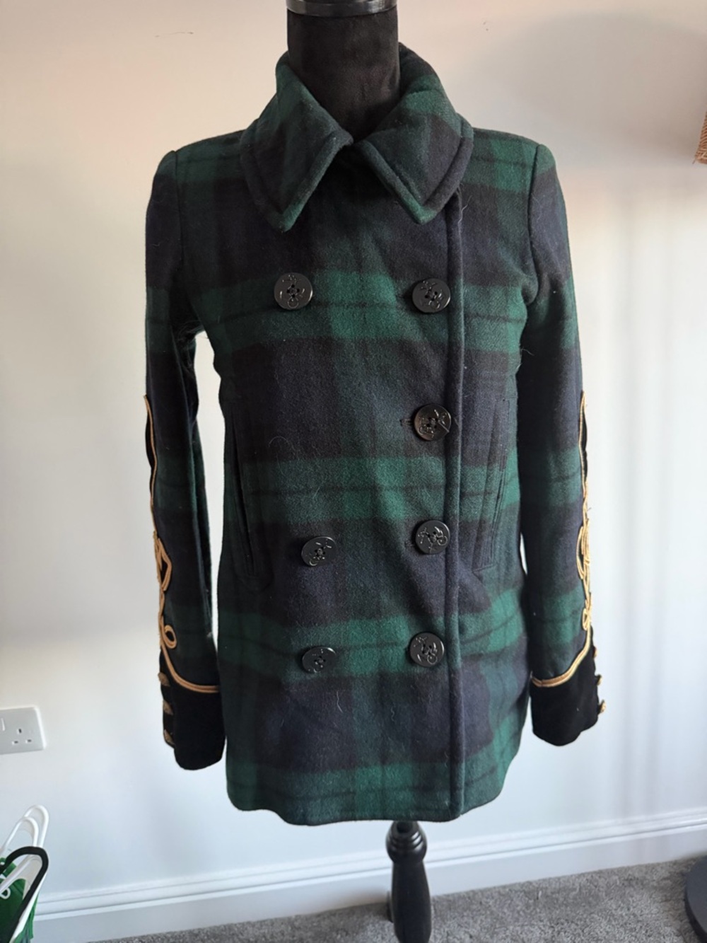 Denim & Sup Double-Breasted Wool Mix Plaid Peacoat